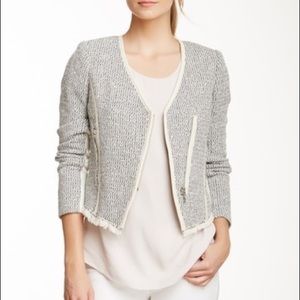 Rebecca Taylor Cutaway Leather-Trim Tweed Jacket